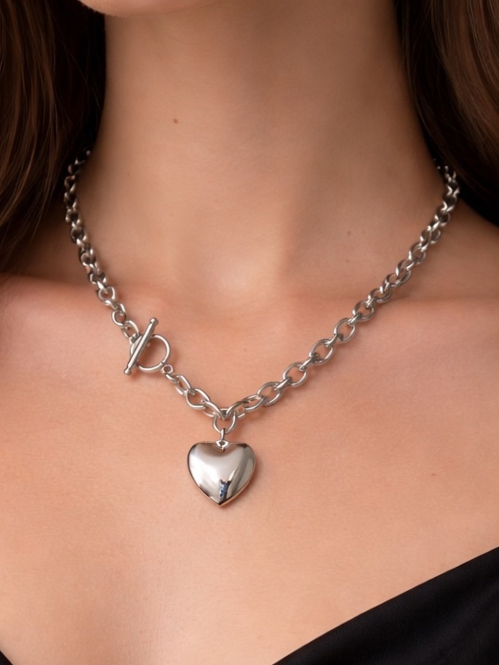 Silver Heart Pendant Toggle Necklace - Classic Women's Jewelry